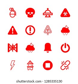 danger icons set with warning exclamation sign in filled triangle, broken link and flash symbol vector set