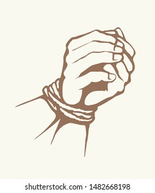 Danger imprison link string cord handcuffed on white paper text space. Black line drawn unable finger fist bind addiction icon sign in art cartoon style . Close up abduct arrest caught body wrist pain