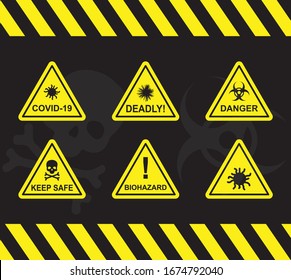 Danger Infectious Contagious Deadly Keep safe and Bio hazard. Set of disease flu icons. Yellow caution signs with black stylized info graphics. Corona virus knows as COVID-19 vector icons collection.