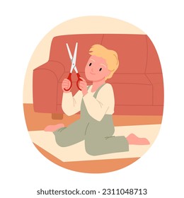 Danger of injury to child playing with sharp scissors vector illustration. Cartoon careless toddler holding home tool with unsafe blades to play, risk of dangerous situation for little baby boy