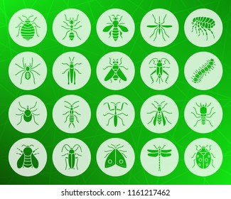 Danger Insect icons set. Web sign kit of bugs. Beetle pictogram collection includes ant, bee, cockroach. Simple danger insect vector symbol. Icon shape carved from circle on colorful background