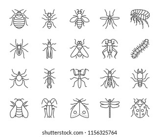 Danger insect thin line icons set. Outline sign kit of bugs. Beetle linear icon collection of dragonfly, fly, spider. Simple danger insect black contour symbol isolated on white. Vector Illustration