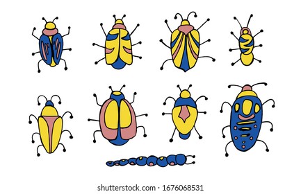 Danger Insect vector set. Web sign kit of bugs. Beetle pictogram collection. Simple danger insect cartoon colorful icon symbol isolated on white.