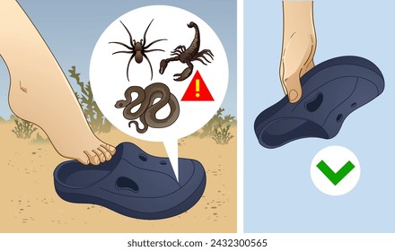 Peligro de insectos escondidos en los zapatos. Riesgo de ser picado. Riesgo de ser mordido. Ilustración sanitaria. Ilustración vectorial.