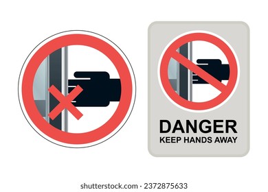 Danger keep hands away from door sign isolated on white background, Warning vector icons for shopping mall, hotel door, metro, underground, subway, MTR and MRT. Vector.