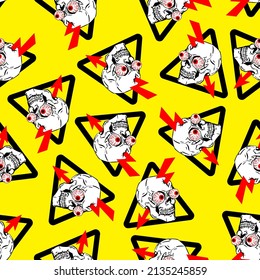 Danger! Keep out pattern seamless. Danger sign Skull and lightning background. Security symbol texture.  
