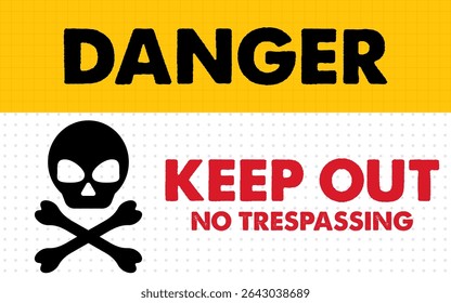 Danger keep out sign board no trespassing symbol no entry security warning forbidden restricted area black text dusty grunge effect yellow white background