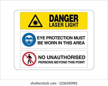 Luz láser peligrosa, protección ocular debe usarse en esta área, no hay personas no autorizadas - señales de advertencia de seguridad de mensajes múltiples - Peligro internacional, peligro, prohibición y señales obligatorias