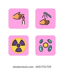 Conjunto de iconos de línea de peligro. Signo de advertencia de peligro, quemaduras de dedos, lavado de manos, anticuerpos y virus. El concepto de advertencia. Ilustración vectorial para Diseños web y App
