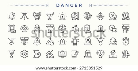 Danger linear icon collection. It contains symbols to lock, alert, watch, notification, timer and more. Watch icon collection. Icons for UI design. Signs for web and mobile app.