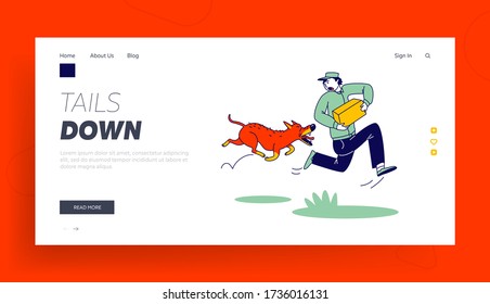 Danger of Mailman Work Landing Page Template. Delivery Man Character with Parcel in Hands Run Away of Aggressive Dog. Angry Animal Protect Territory of Stranger, Pet Attack. Linear Vector Illustration