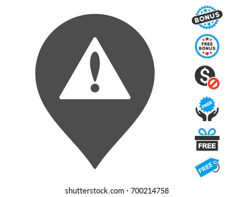 Danger Map Marker grey pictograph with free bonus graphic icons. Vector illustration style is flat iconic symbols.