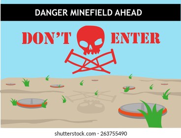 Danger Minefield Ahead Don't Enter Hazard Signage design template that shows Death and Disability to people who walk along the field. Editable EPS10 Vector and large jpg illustration.