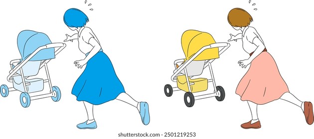 Danger! Mom chasing after a stroller that has become detached from her hand, seen from behind