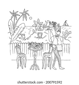 Danger! Monkey! Funny hand drawn illustration of a waiter and macaques. Vector.