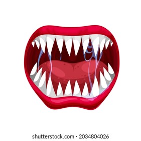 Danger monster jaws, mouth, tongue and teeth of vampire, scary beast or devil, horror demon or Dracula. Vector evil beast smile, crazy laugh or screaming lips of Halloween holiday or horror party