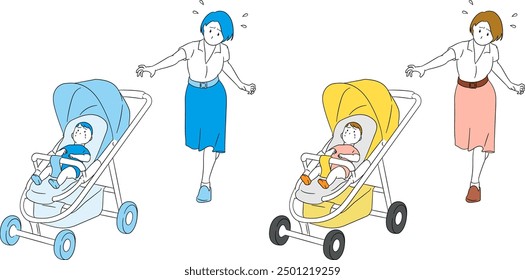 Danger! Mother chasing after a stroller that has become detached from her hand