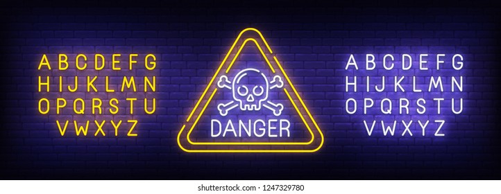 Danger neon sign, bright signboard, light banner. Skull logo. Neon sign creator. Neon text edit. Vector illustration