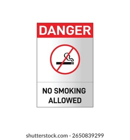 Sinal de perigo não fumante com rótulo vermelho e negrito de advertência e ícone de proibição de cigarros. Cartaz de segurança vertical perfeito para local de trabalho, fábricas, áreas públicas e regulamentos de saúde. Limpar arte vetorial.