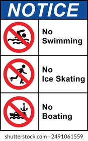 Gefahr kein Schwimmen kein Eis kein Schlittschuhlaufen Zeichen mit Symbol. Verbot Schwimmen, Eislaufen, Bootfahren. Eis-Warnschild und Aufkleber Schwimmen Eislaufen.