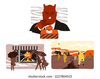 Danger of Nuclear Catastrophe with Evil Man Pressing Red Button and Hazardous Atomic Explosion Vector Set