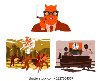 Danger of Nuclear Catastrophe with Evil Man Smoking Cigar and Hazardous Atomic Explosion Vector Set