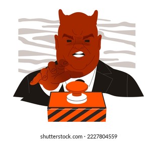 Danger of Nuclear Catastrophe with Horned Evil Man Politician Pressing Red Button Vector Illustration