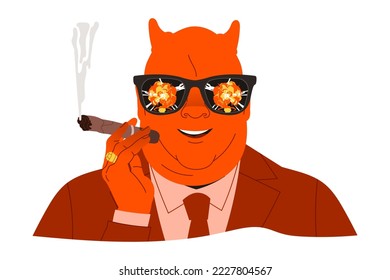 Peligro de catástrofe nuclear con político malvado de cuerno en gafas de sol con explosiva reflexión en la nube fumador vector de cigarros Ilustración