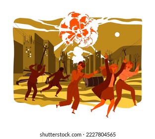 Danger of Nuclear Catastrophe with People Trying to Escape from Hazardous Atomic Explosion Vector Illustration
