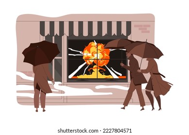 Danger of Nuclear Catastrophe with People Under Umbrella in the Street with Hazardous Atomic Explosion Cloud Vector Illustration