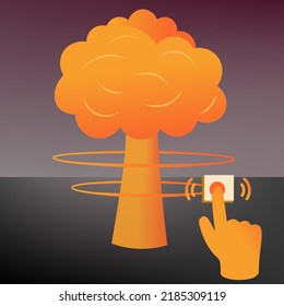 The danger of a nuclear explosion. The hand reaches out to press the nuclear bomb button.Vector illustration of a nuclear mushroom fireball.No war banner poster flat cartoon.