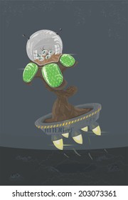 Danger on the flying alien flower pot in a spacesuit, vector