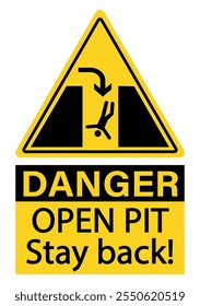 Danger, open pit. Stay back. Warning yellow triangle sign with a silhouette of person falling and directional arrow. Text.