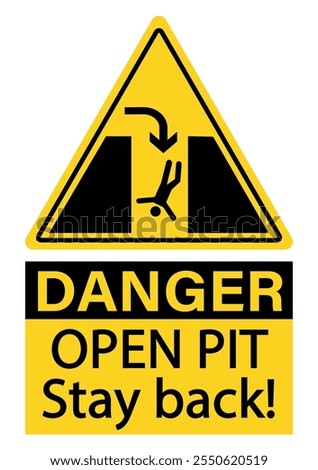 Danger, open pit. Stay back. Warning yellow triangle sign with a silhouette of person falling and directional arrow. Text.