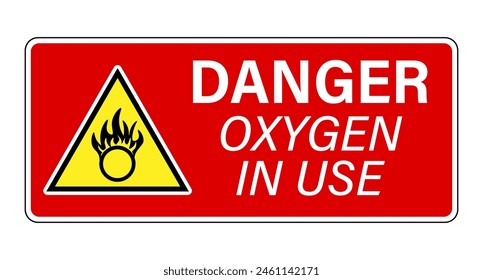 Danger, oxygen in use. Warning triangle sign with symbol and text on the right. Red background.