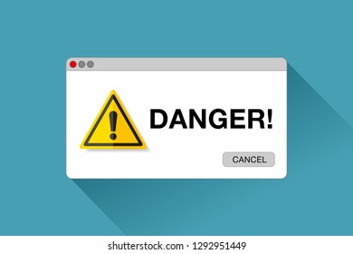 Danger page. Exclamation mark on a yellow background. Error window in flat style, vector design object for you projects