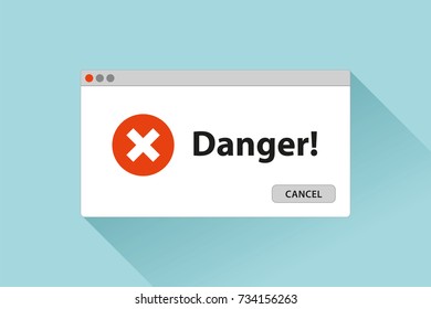 Danger page. Red cross. Error window in flat style, stop signs, vector design object for you projects