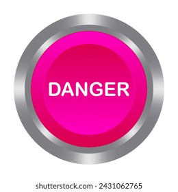 Danger pink button with metal base. Push, press, control, manipulation, key, knob. Caution, dangerous, warning, no entry, emergency situation, accident, save, alarm air raid alert. Vector illustration