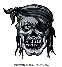 Danger pirate skull in bandanna without one eye for tattoo or t-shirt design