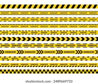 Danger police road sign. Set of warning bands for work zones. Do not cross ribbons. Caution barrier tapes for danger places. Seamless striped boundary lines under construction. Vector illustration.