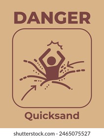 Danger quicksand hazard ahead poster banner illustration icon isolated on vertical brown background. Simple flat cartoon art styled drawing for hazard outdoor warning poster prints.