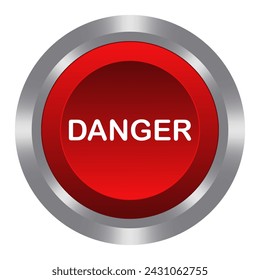 Danger red button with metal base. Push, press, control, manipulation, key, knob. Caution, dangerous, warning, no entry, emergency situation, accident, save, alarm air raid alert. Vector illustration