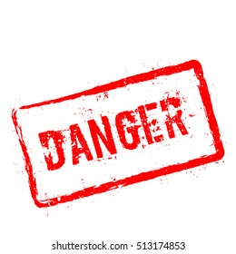 Danger red rubber stamp isolated on white background. Grunge rectangular seal with text, ink texture and splatter and blots, vector illustration.