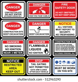 Danger restriction signage like high voltage cable, deep excavation, no trespassing, flammable liquids, no ignition near 3 meter, no tail gating, mandatory must be worn warning  signage, icons, signs.