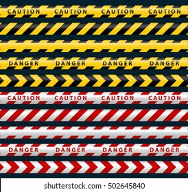 Danger Ribbons Set. Yellow Black, Red White Police Line.