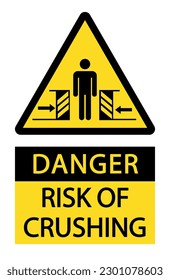 Danger, risk of crushing. Warning yellow triangle sign with person silhouette and moving machineries. Text below.