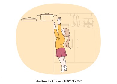 Danger, risk, curiosity concept. Small girl cartoon character reaching up for cooking pan on stove in kitchen without parents control vector illustration