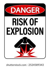 Danger risk of explosion. Warning sign with text and silhouette of a person covering his face in front of a blast.