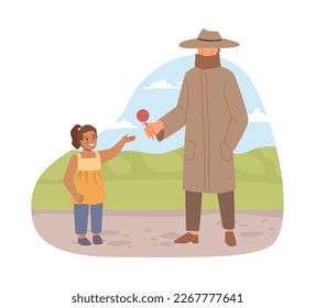 Danger and risk outside, isolated girl taking candy from stranger. Kidnapper or pedophile, dangerous man in long coat. Flat cartoon, vector illustration