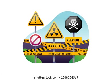 Danger Road Sign With Black Yellow Police Line Ribbon And Skull Icon